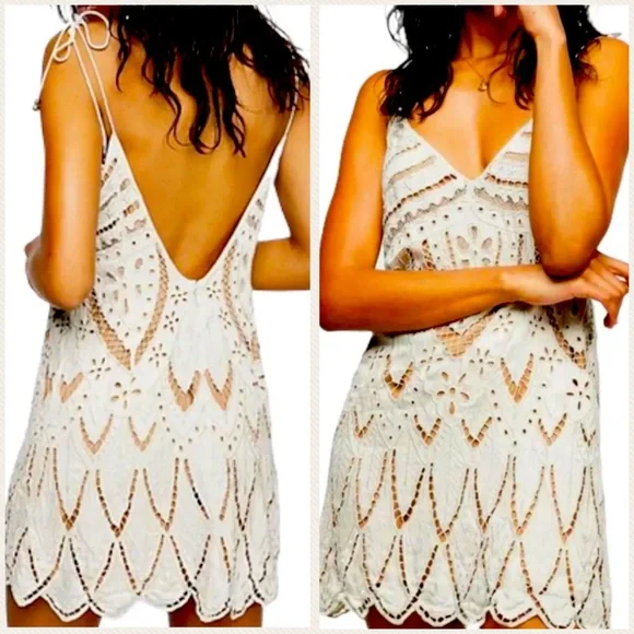 Free People | Dresses | Free People Pyt Sm Ivory Cutwork Tassel Tie Vneck  Scalloped Mini Dress | Poshmark